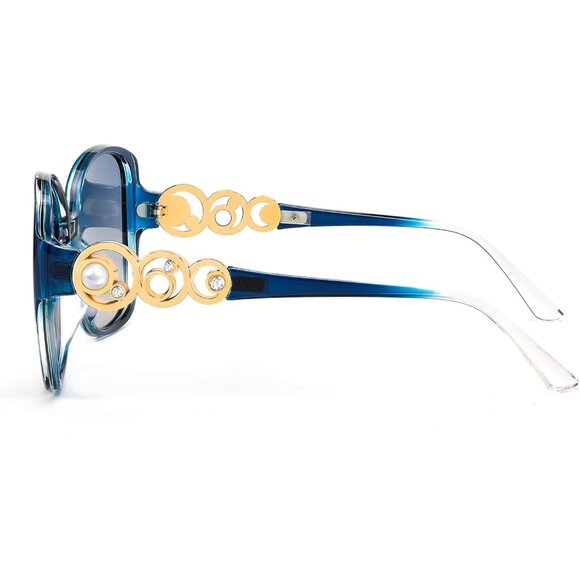 Women's Fashion Square Sunglasses Blue Frame Pearl Sparkling Eyes Protection - Picture 8 of 14